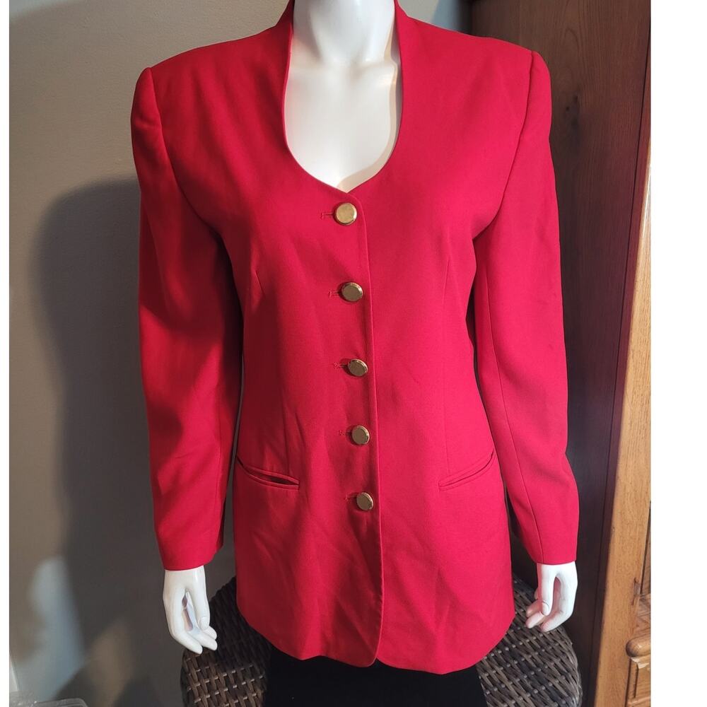 Vintage Tomato Red Blazer Gold Buttons Womens Large 90s Power Suit Office Siren